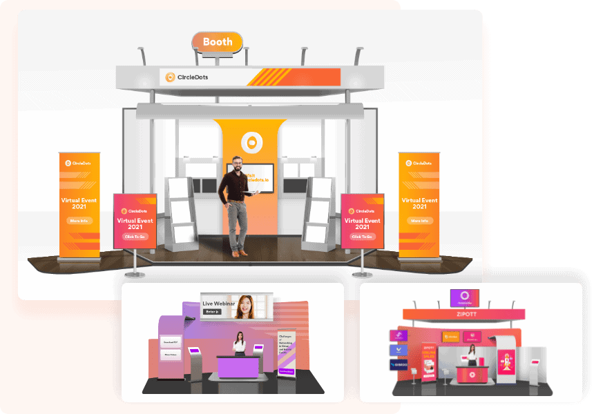 Branded exhibitor booths at vFairs virtual exhibition