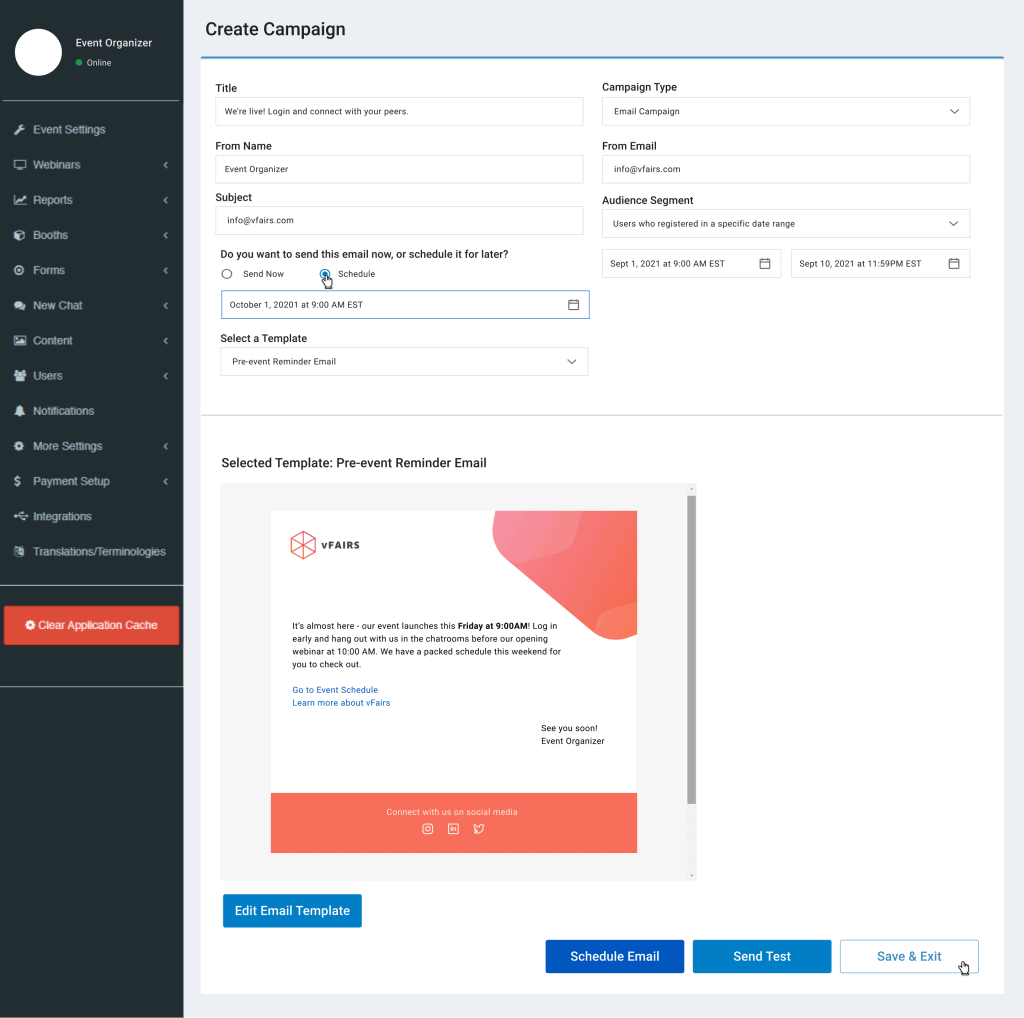 vfairs email marketing builder - scheduling