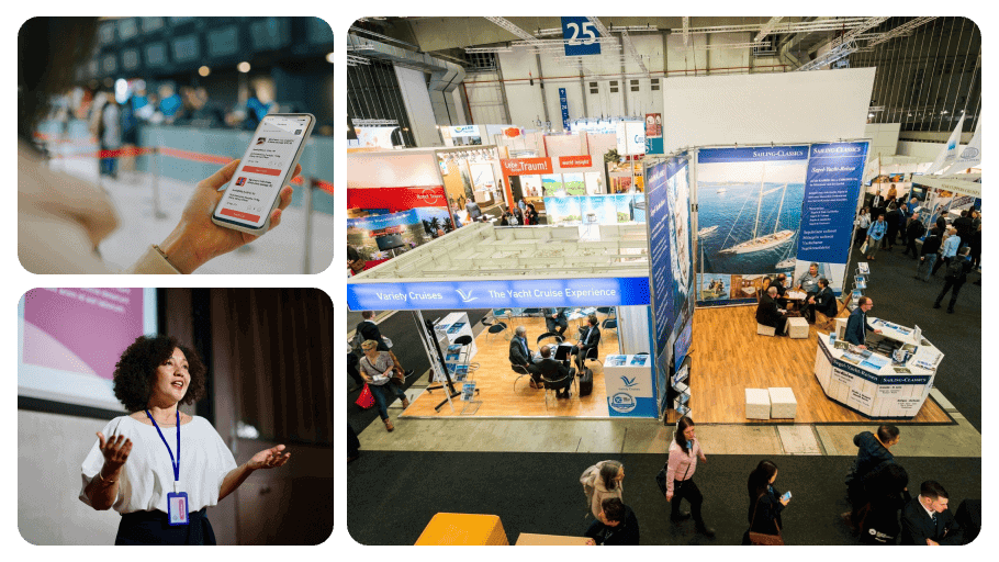 Trade show floor with exhibitor booths and attendees